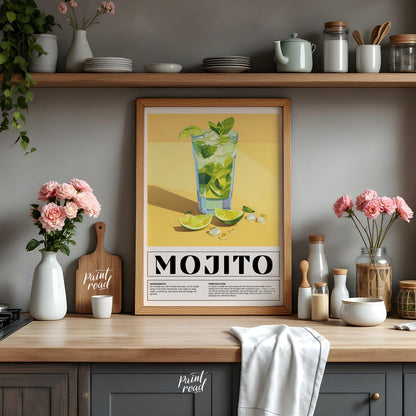This vibrant poster showcases a refreshing Mojito cocktail, bursting with a fresh green and yellow … for kitchen