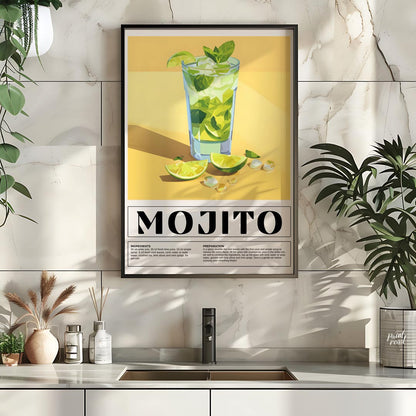 This vibrant poster showcases a refreshing Mojito cocktail, bursting with a fresh green and yellow … for kitchen