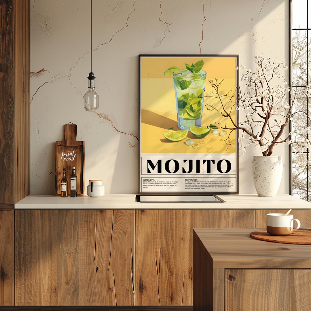 This vibrant poster showcases a refreshing Mojito cocktail, bursting with a fresh green and yellow … for kitchen