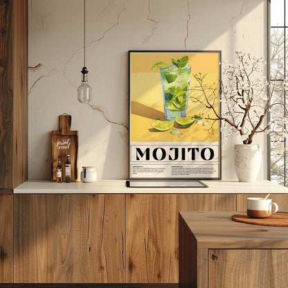 This vibrant poster showcases a refreshing Mojito cocktail, bursting with a fresh green and yellow … for kitchen