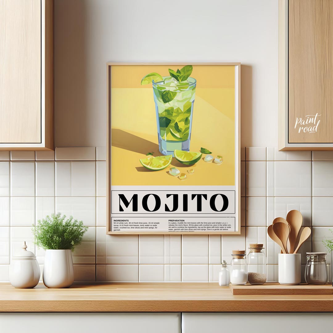 This vibrant poster showcases a refreshing Mojito cocktail, bursting with a fresh green and yellow … for kitchen