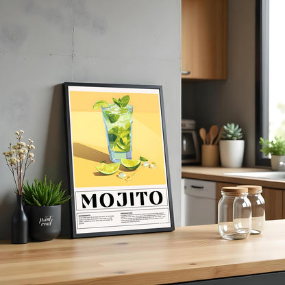 This vibrant poster showcases a refreshing Mojito cocktail, bursting with a fresh green and yellow … for kitchen