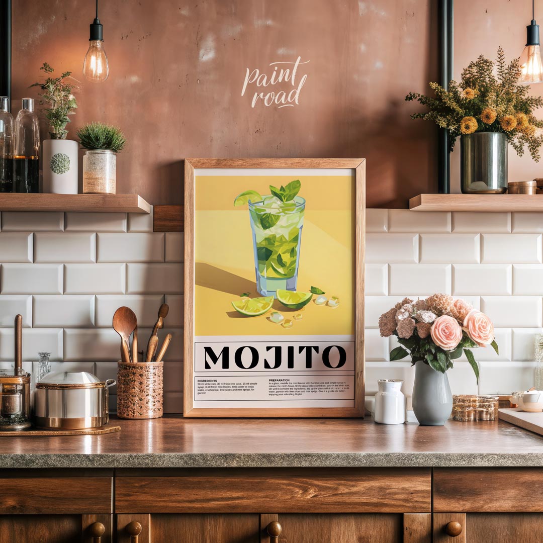 This vibrant poster showcases a refreshing Mojito cocktail, bursting with a fresh green and yellow … for kitchen