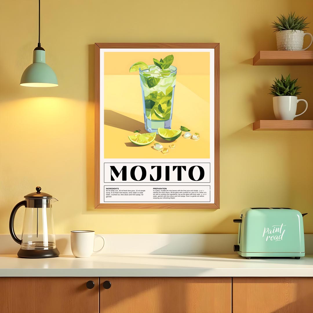 This vibrant poster showcases a refreshing Mojito cocktail, bursting with a fresh green and yellow … for kitchen