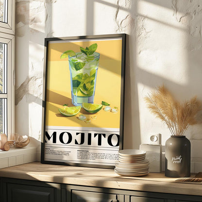 This vibrant poster showcases a refreshing Mojito cocktail, bursting with a fresh green and yellow … for kitchen