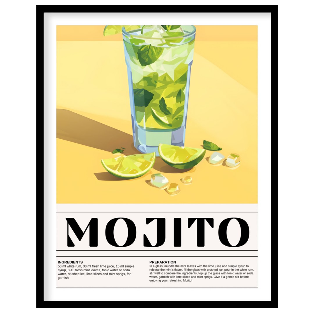 This vibrant poster showcases a refreshing Mojito cocktail, bursting with a fresh green and yellow … for lovely house