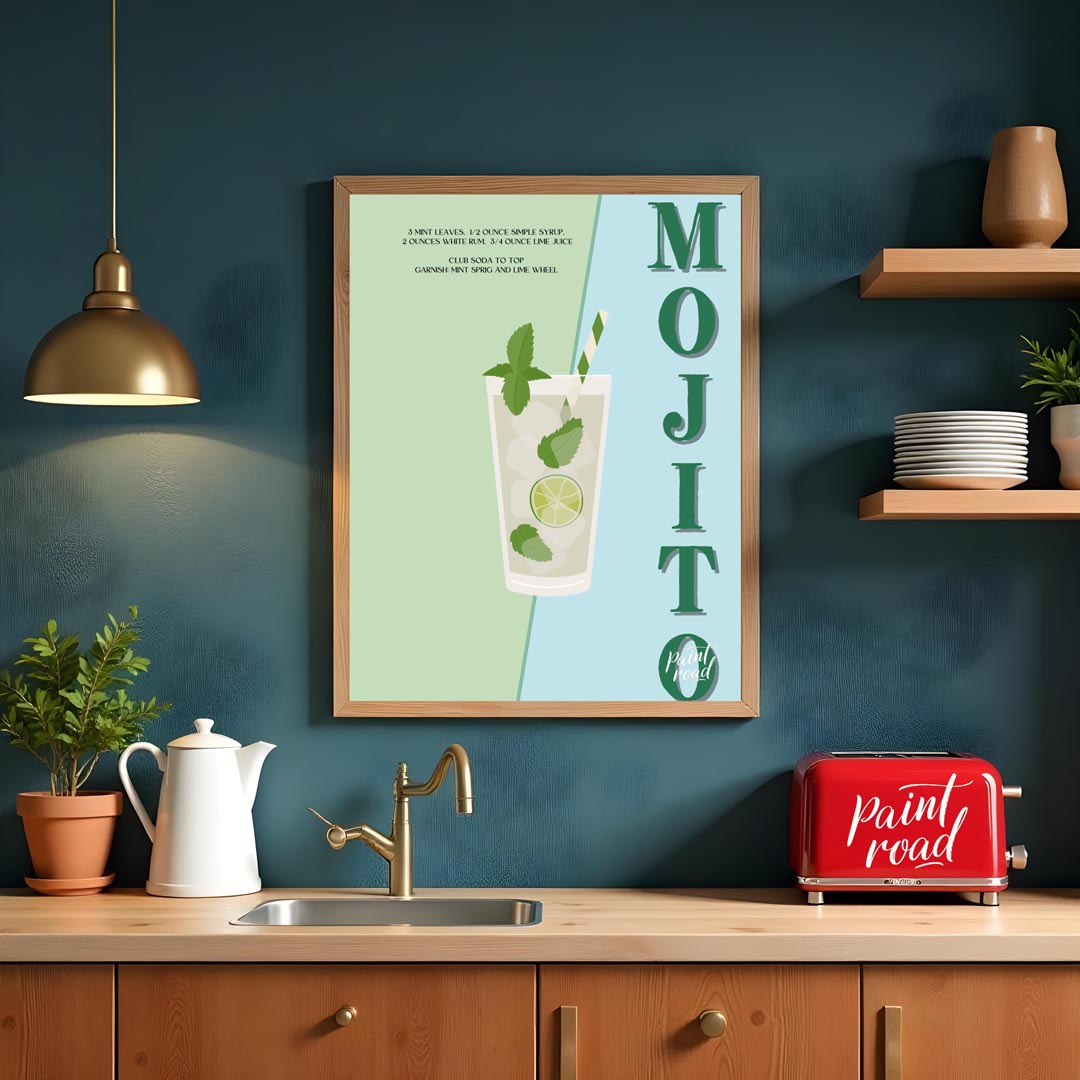 This vibrant and energizing poster celebrates the classic Mojito, presented with a fresh and lively… for kitchen