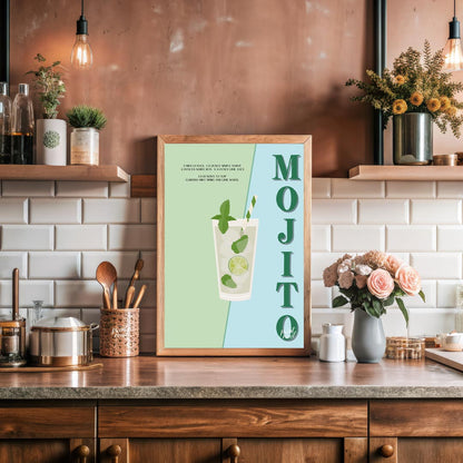 This vibrant and energizing poster celebrates the classic Mojito, presented with a fresh and lively… for kitchen