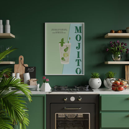 This vibrant and energizing poster celebrates the classic Mojito, presented with a fresh and lively… for kitchen