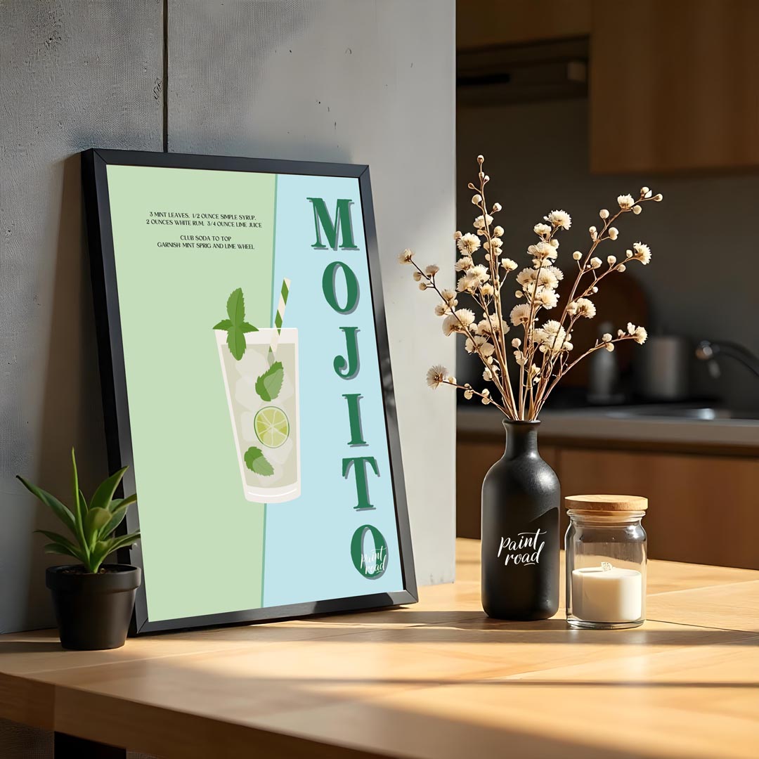 This vibrant and energizing poster celebrates the classic Mojito, presented with a fresh and lively… for kitchen