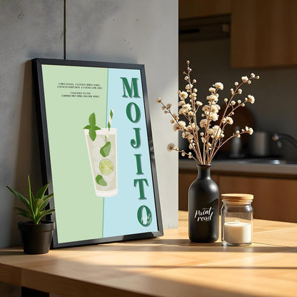 This vibrant and energizing poster celebrates the classic Mojito, presented with a fresh and lively… for kitchen