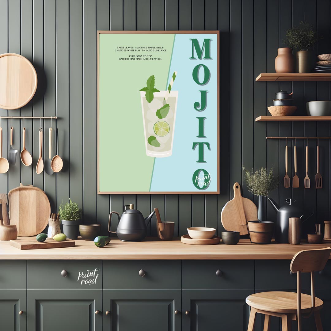 This vibrant and energizing poster celebrates the classic Mojito, presented with a fresh and lively… for kitchen