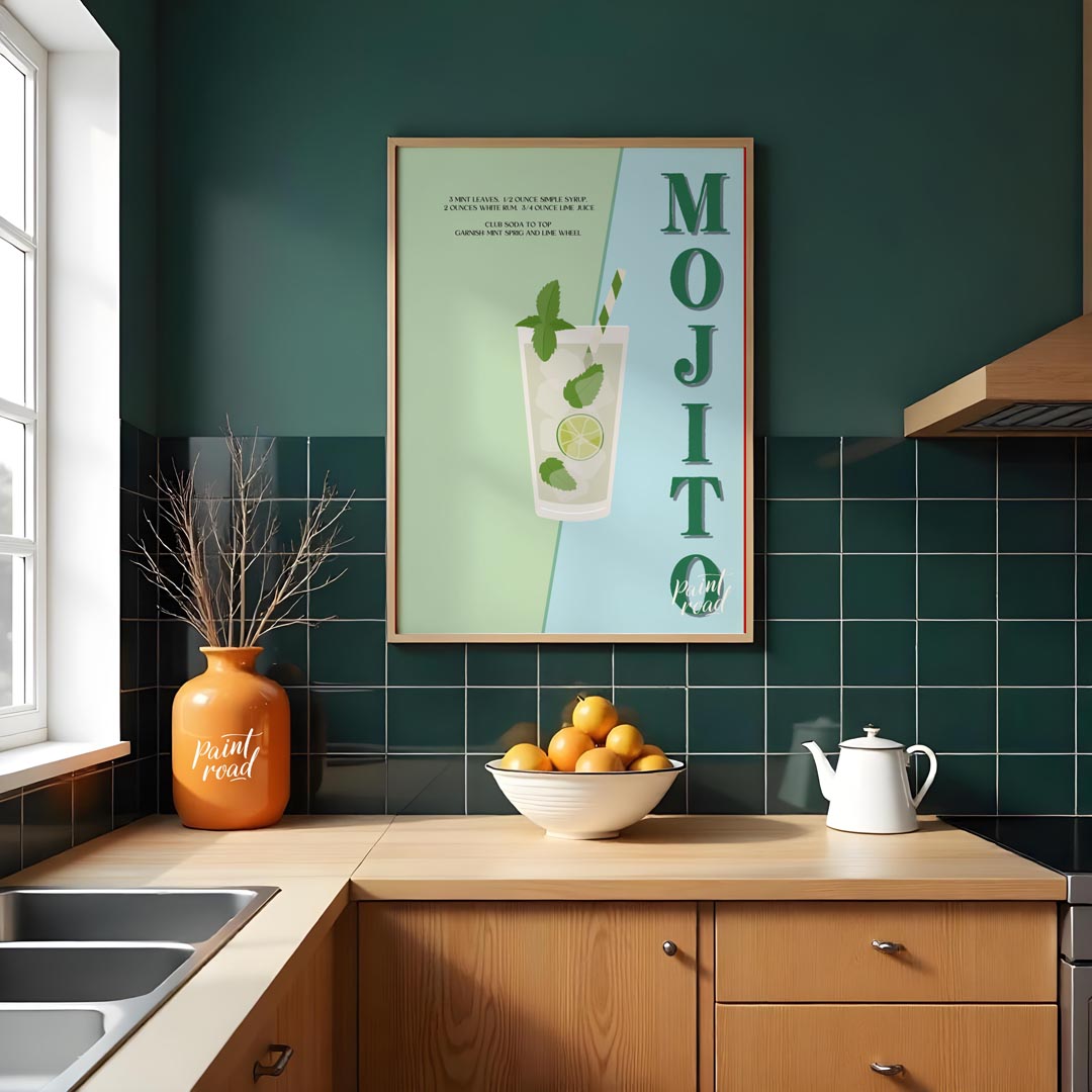 This vibrant and energizing poster celebrates the classic Mojito, presented with a fresh and lively… for kitchen