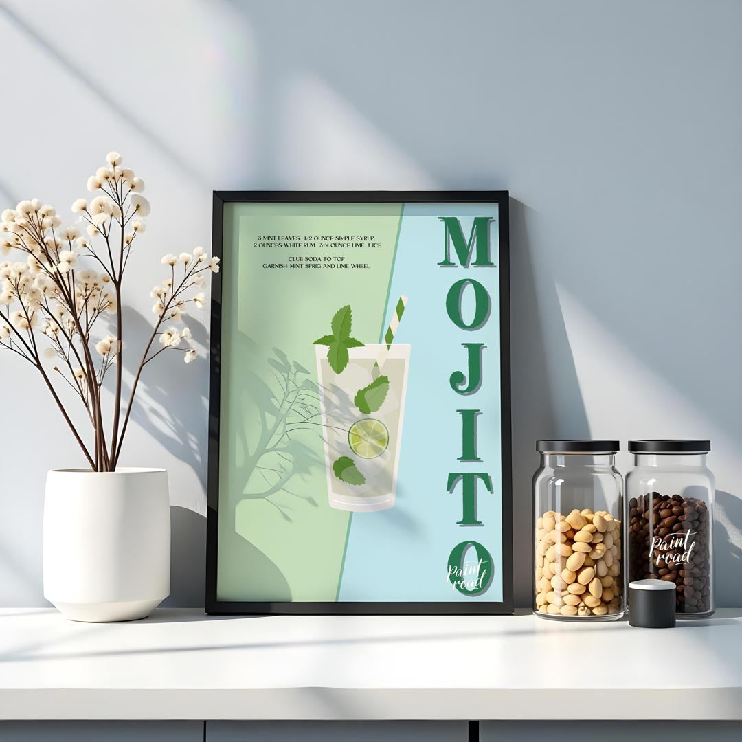 This vibrant and energizing poster celebrates the classic Mojito, presented with a fresh and lively… for kitchen