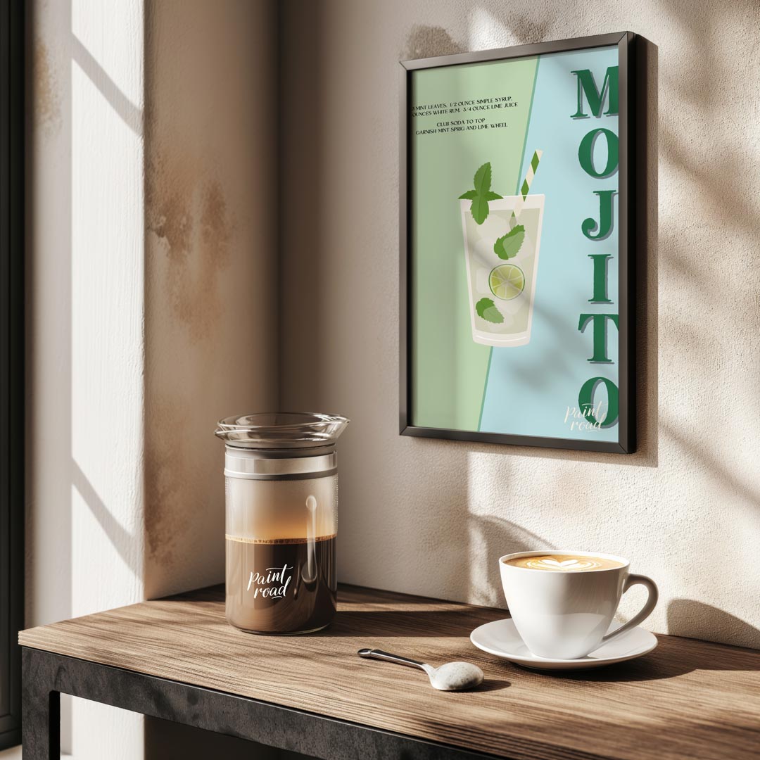 This vibrant and energizing poster celebrates the classic Mojito, presented with a fresh and lively… for kitchen