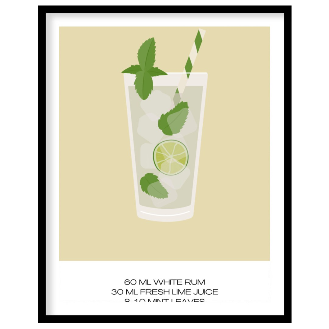 This crisp and refreshing poster captures the essence of a Mojito, presented with clean lines and v… for area