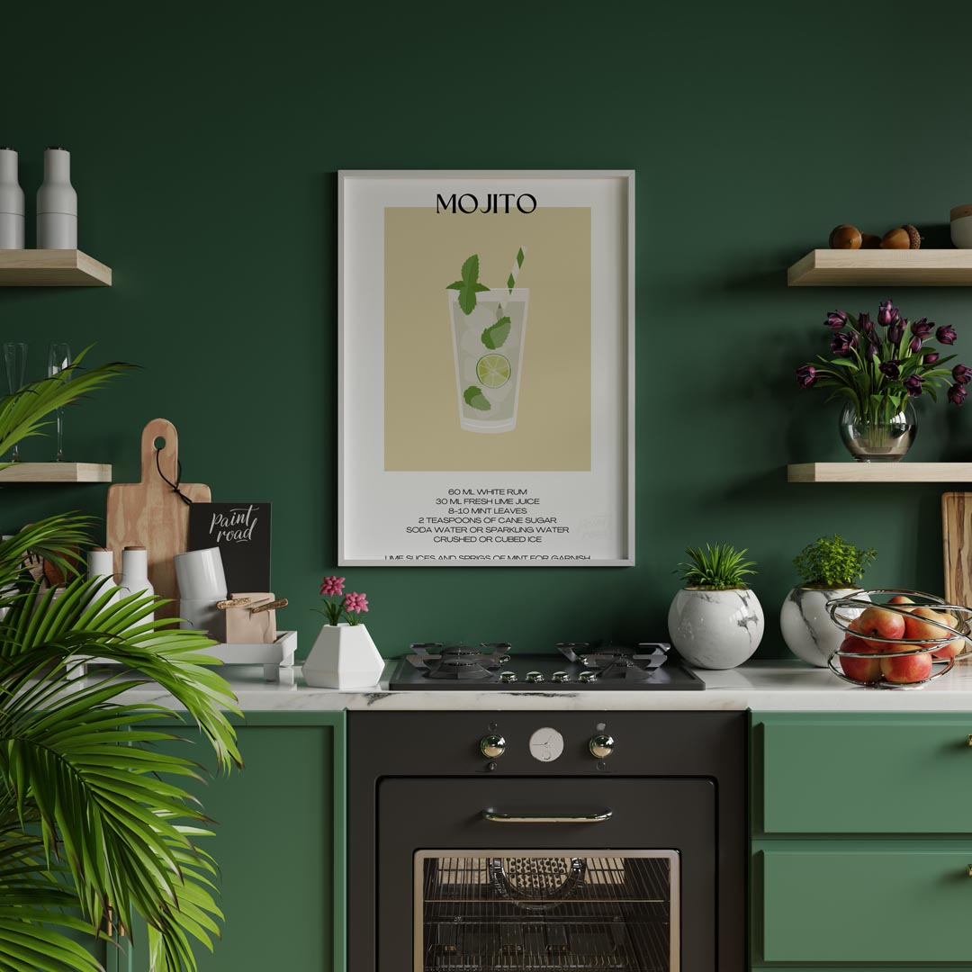 This crisp and refreshing poster captures the essence of a Mojito, presented with clean lines and v… for kitchen