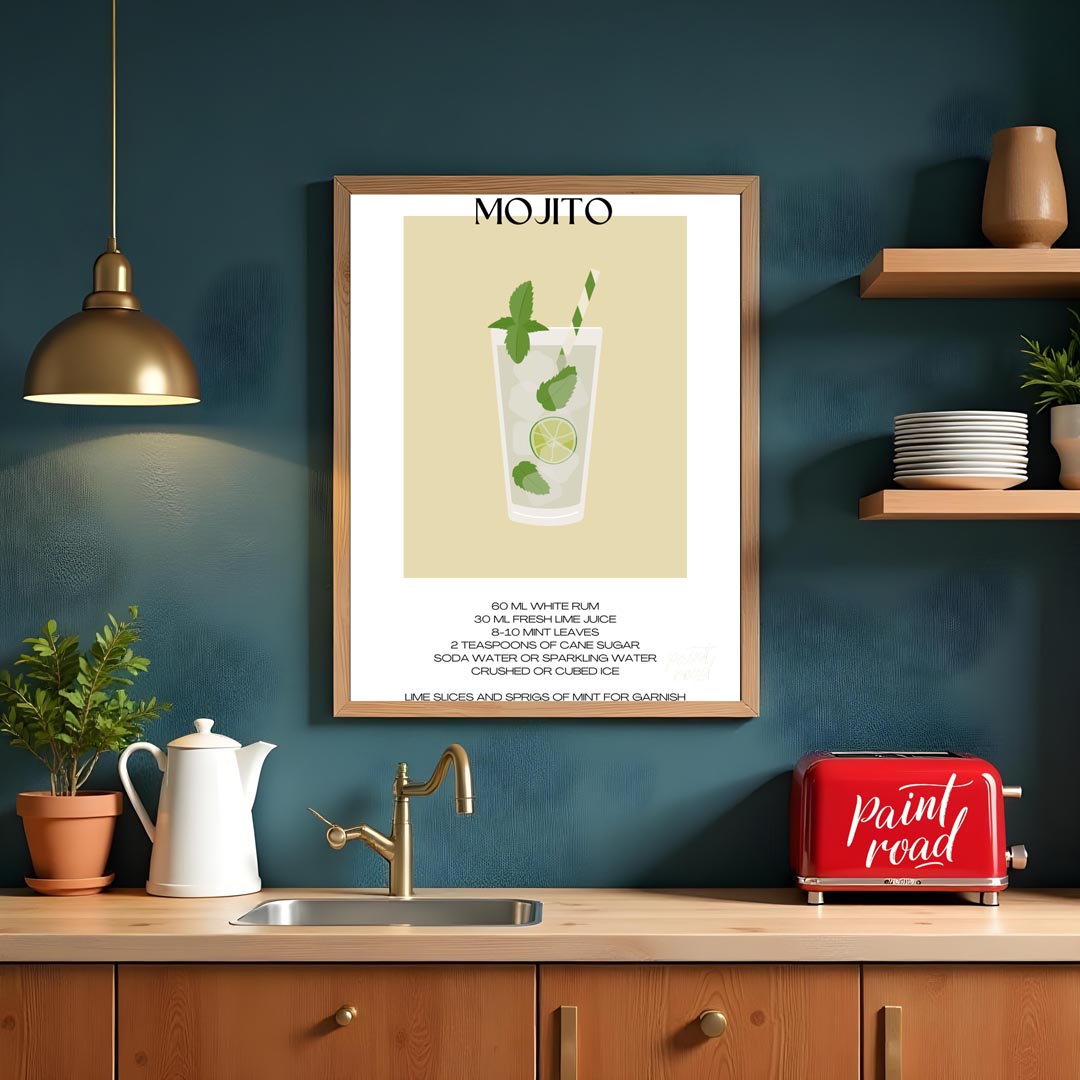 This crisp and refreshing poster captures the essence of a Mojito, presented with clean lines and v… for kitchen