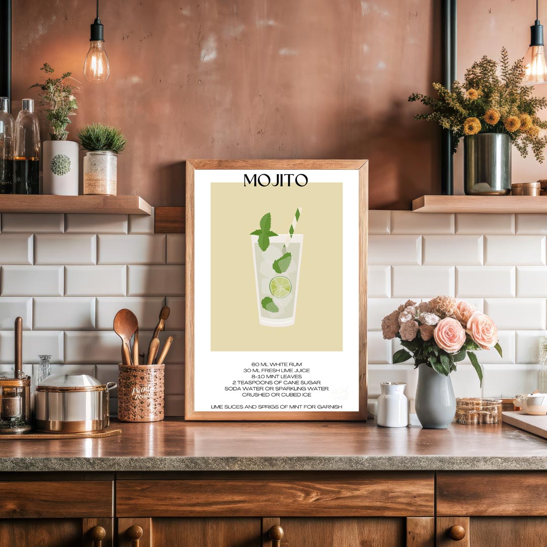 This crisp and refreshing poster captures the essence of a Mojito, presented with clean lines and v… for kitchen