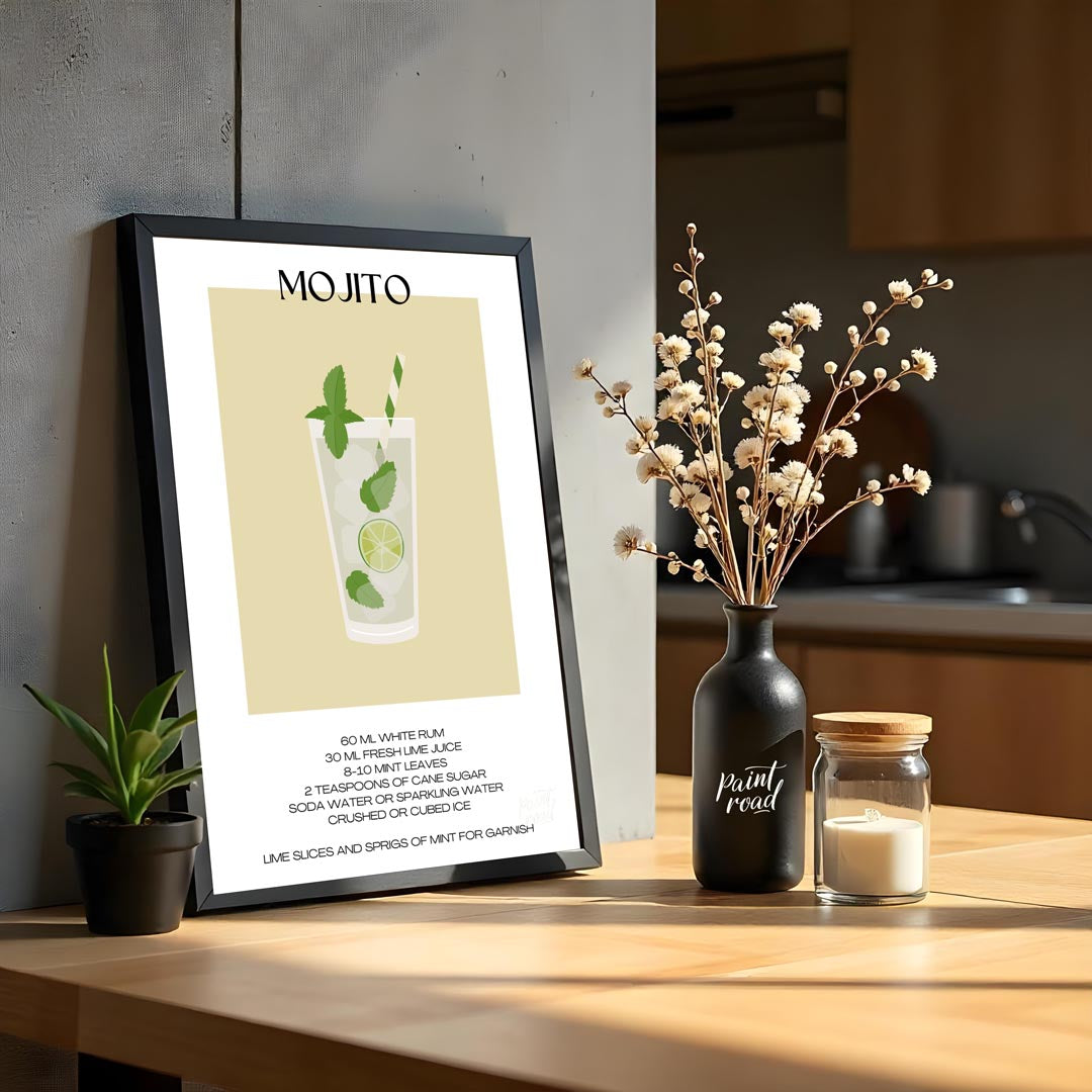 This crisp and refreshing poster captures the essence of a Mojito, presented with clean lines and v… for kitchen
