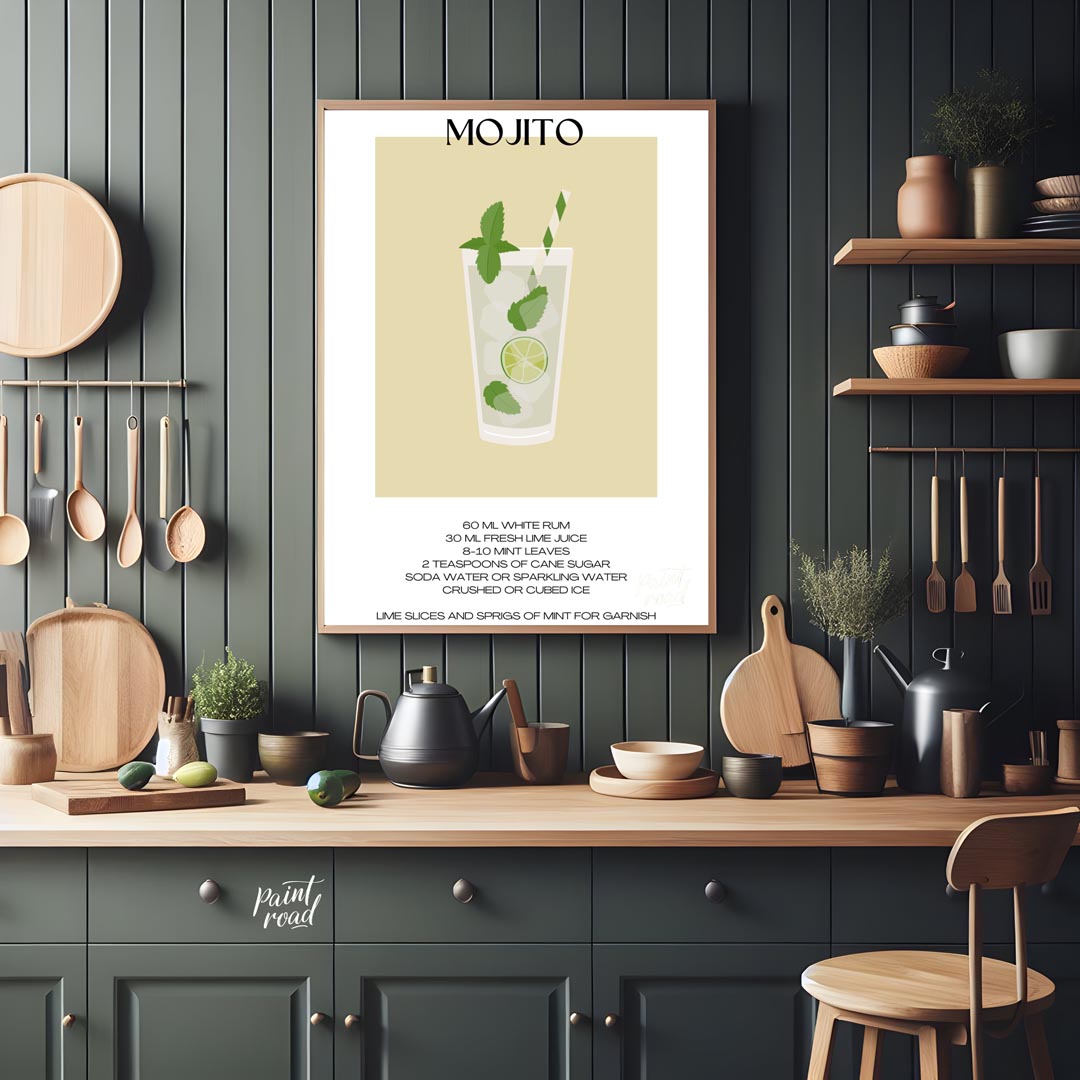 This crisp and refreshing poster captures the essence of a Mojito, presented with clean lines and v… for kitchen