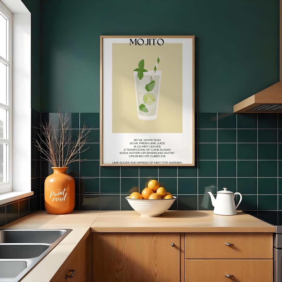 This crisp and refreshing poster captures the essence of a Mojito, presented with clean lines and v… for kitchen