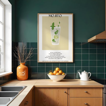 This crisp and refreshing poster captures the essence of a Mojito, presented with clean lines and v… for kitchen