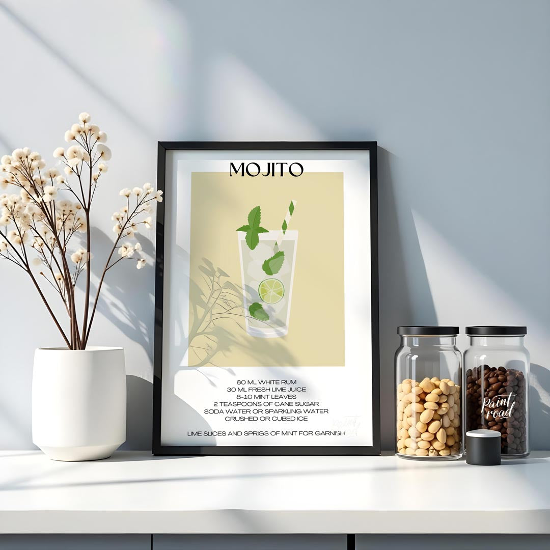 This crisp and refreshing poster captures the essence of a Mojito, presented with clean lines and v… for kitchen