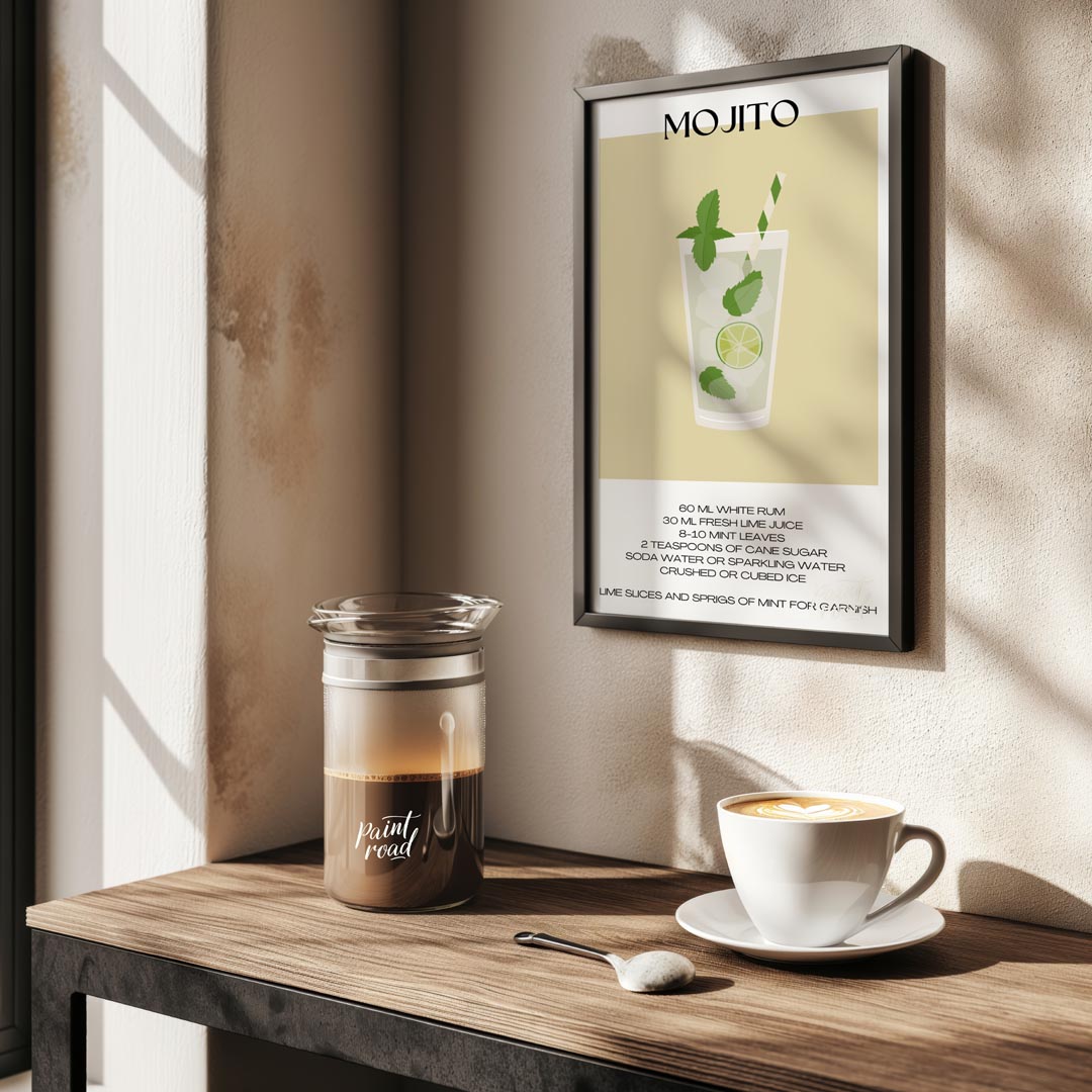 This crisp and refreshing poster captures the essence of a Mojito, presented with clean lines and v… for kitchen