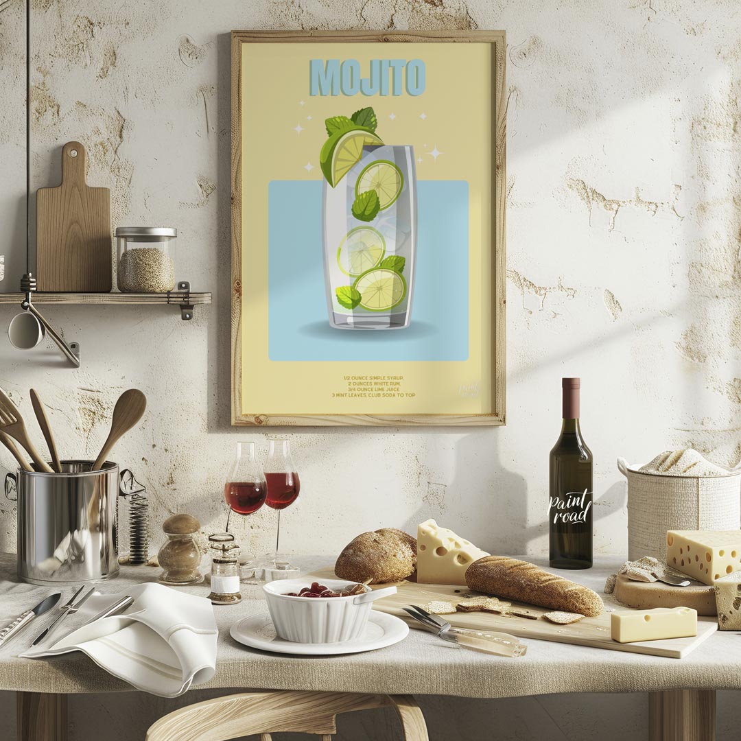 This bright and invigorating poster features a refreshing Mojito, presented with a crisp and clean … for kitchen