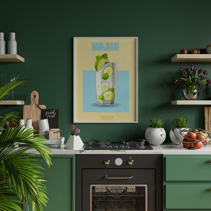 This bright and invigorating poster features a refreshing Mojito, presented with a crisp and clean … for kitchen