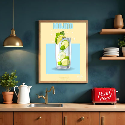 This bright and invigorating poster features a refreshing Mojito, presented with a crisp and clean … for kitchen