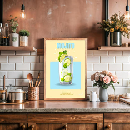 This bright and invigorating poster features a refreshing Mojito, presented with a crisp and clean … for kitchen