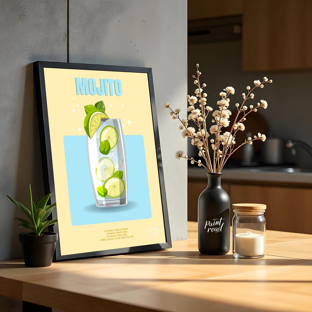 This bright and invigorating poster features a refreshing Mojito, presented with a crisp and clean … for kitchen