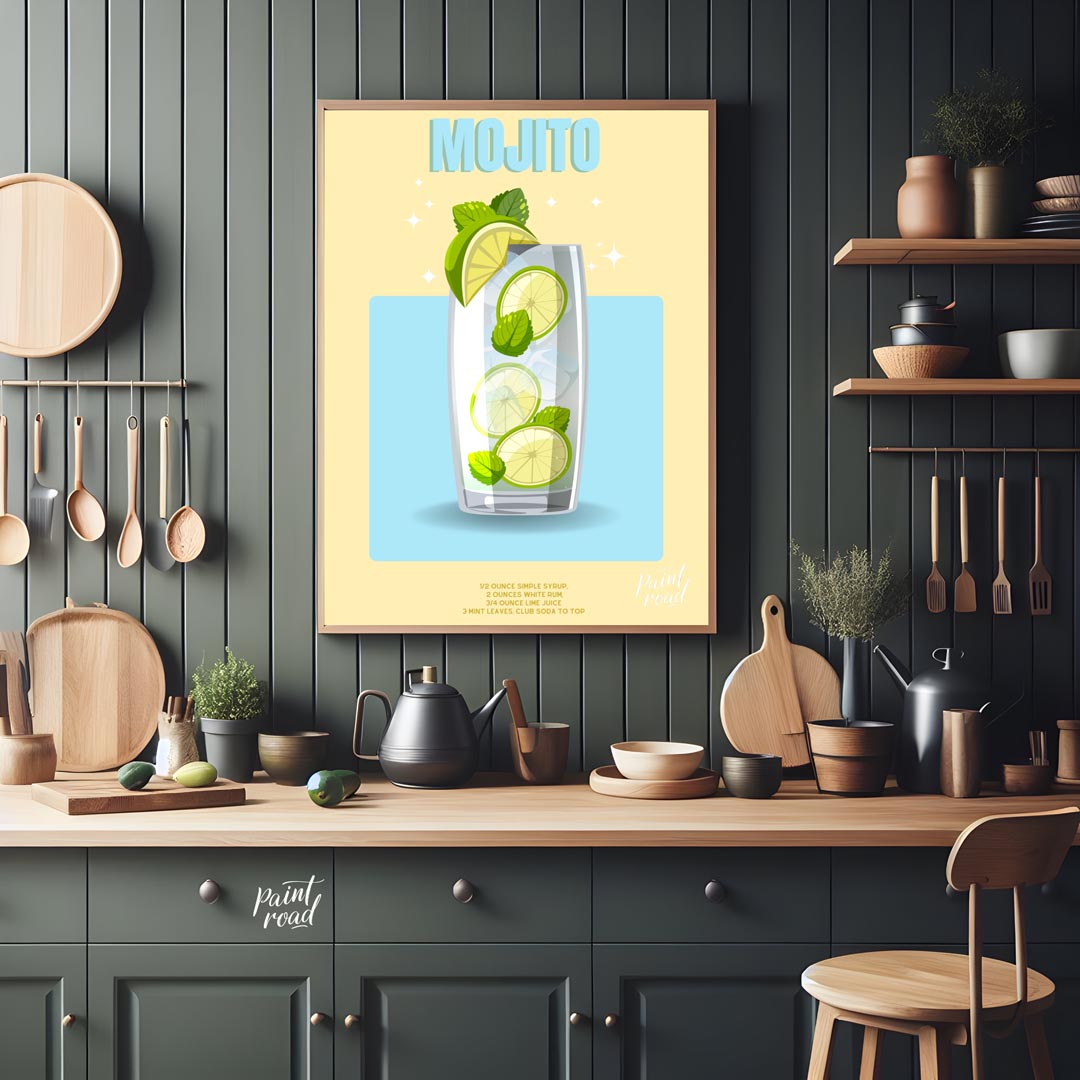 This bright and invigorating poster features a refreshing Mojito, presented with a crisp and clean … for kitchen