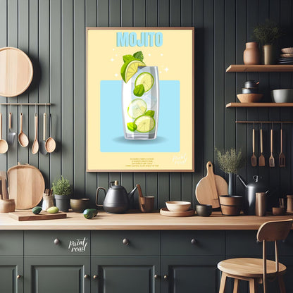 This bright and invigorating poster features a refreshing Mojito, presented with a crisp and clean … for kitchen