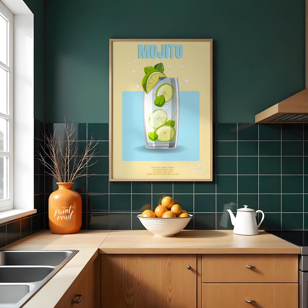 This bright and invigorating poster features a refreshing Mojito, presented with a crisp and clean … for kitchen
