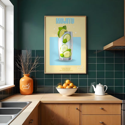 This bright and invigorating poster features a refreshing Mojito, presented with a crisp and clean … for kitchen