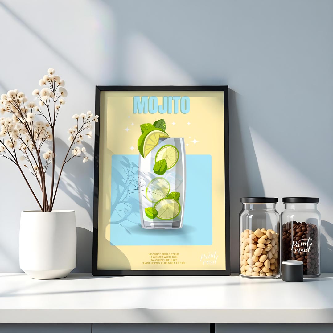 This bright and invigorating poster features a refreshing Mojito, presented with a crisp and clean … for kitchen