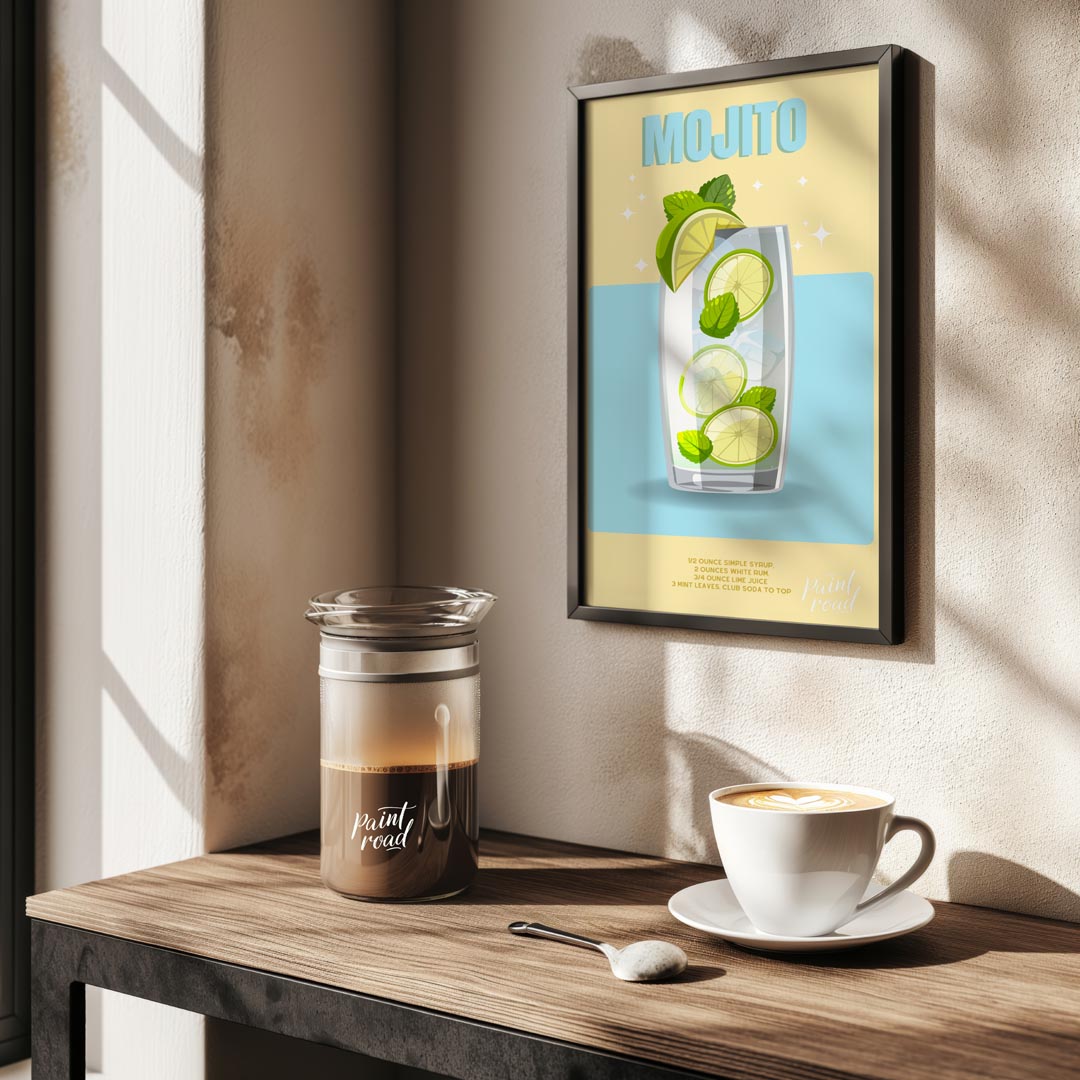 This bright and invigorating poster features a refreshing Mojito, presented with a crisp and clean … for kitchen
