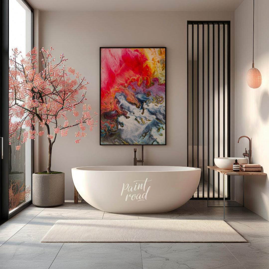This abstract artwork captures a mesmerizing blend of colors, resembling molten substances flowing … for bathroom