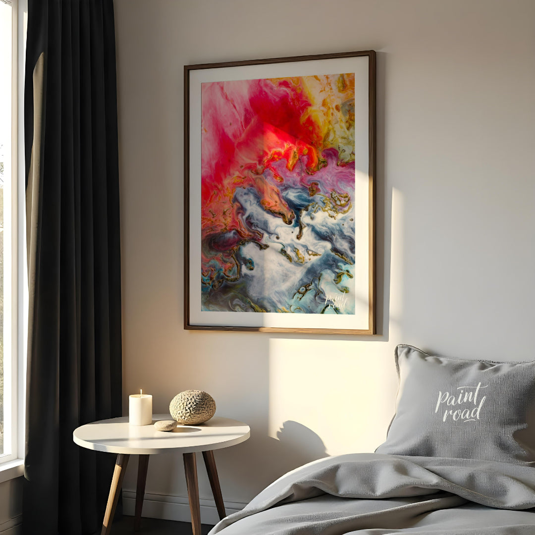 This abstract artwork captures a mesmerizing blend of colors, resembling molten substances flowing … for bedroom