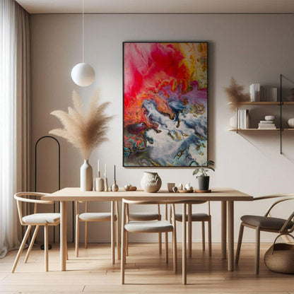 This abstract artwork captures a mesmerizing blend of colors, resembling molten substances flowing … for dining room