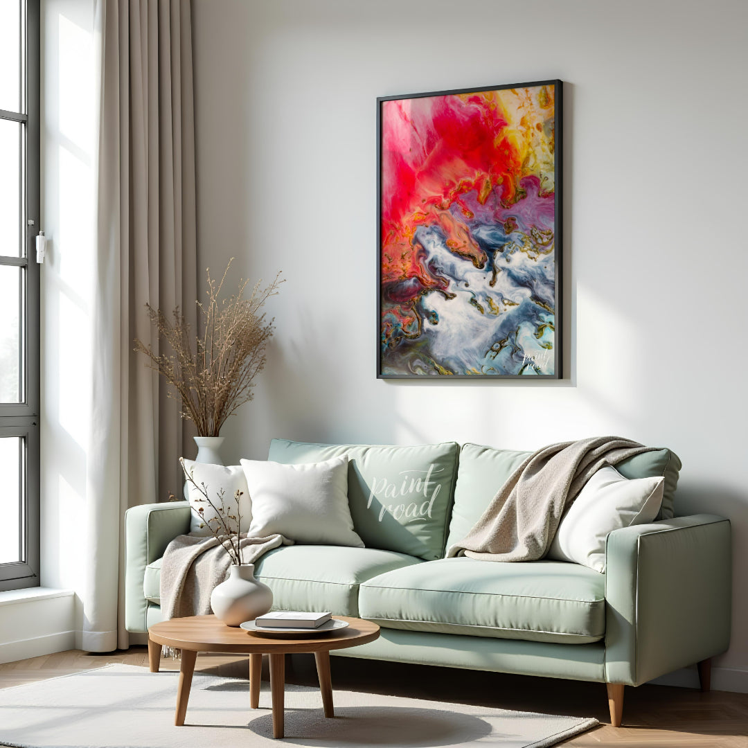 This abstract artwork captures a mesmerizing blend of colors, resembling molten substances flowing … for living room