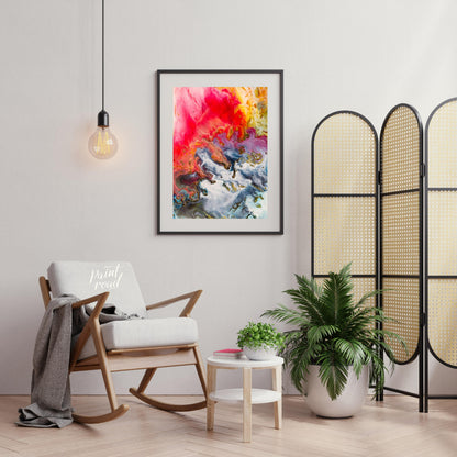 This abstract artwork captures a mesmerizing blend of colors, resembling molten substances flowing … for living room