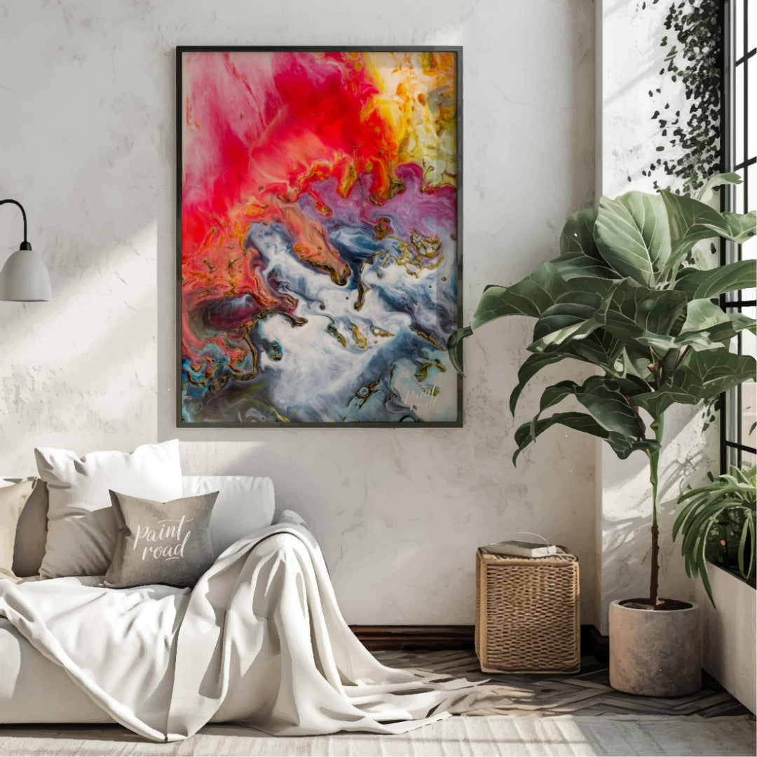 This abstract artwork captures a mesmerizing blend of colors, resembling molten substances flowing … for living room