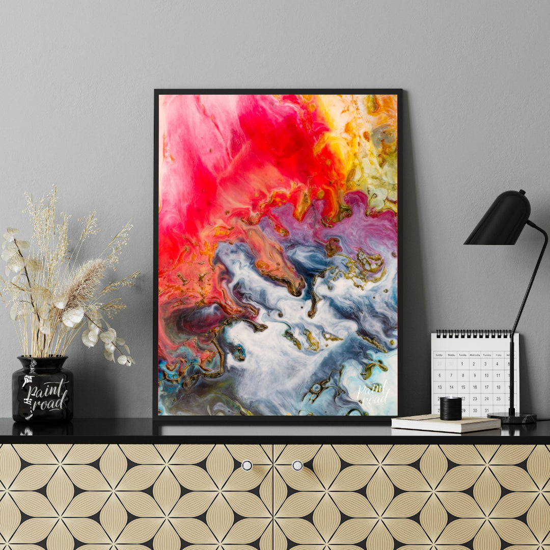 This abstract artwork captures a mesmerizing blend of colors, resembling molten substances flowing … for office