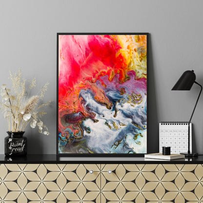 This abstract artwork captures a mesmerizing blend of colors, resembling molten substances flowing … for office