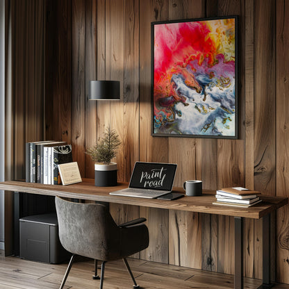 This abstract artwork captures a mesmerizing blend of colors, resembling molten substances flowing … for office