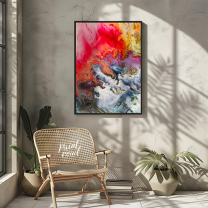 This abstract artwork captures a mesmerizing blend of colors, resembling molten substances flowing … for other